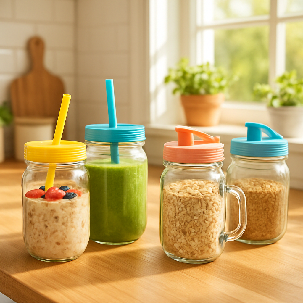 Mason jars fitted with colorful lids and straws on a sunny kitchen counter